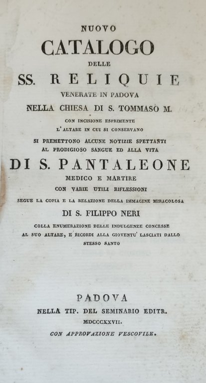 NUOVO CATALOGO DELLE SS. RELIQUIE VENERATE IN PADOVA NELLA CHIESA …