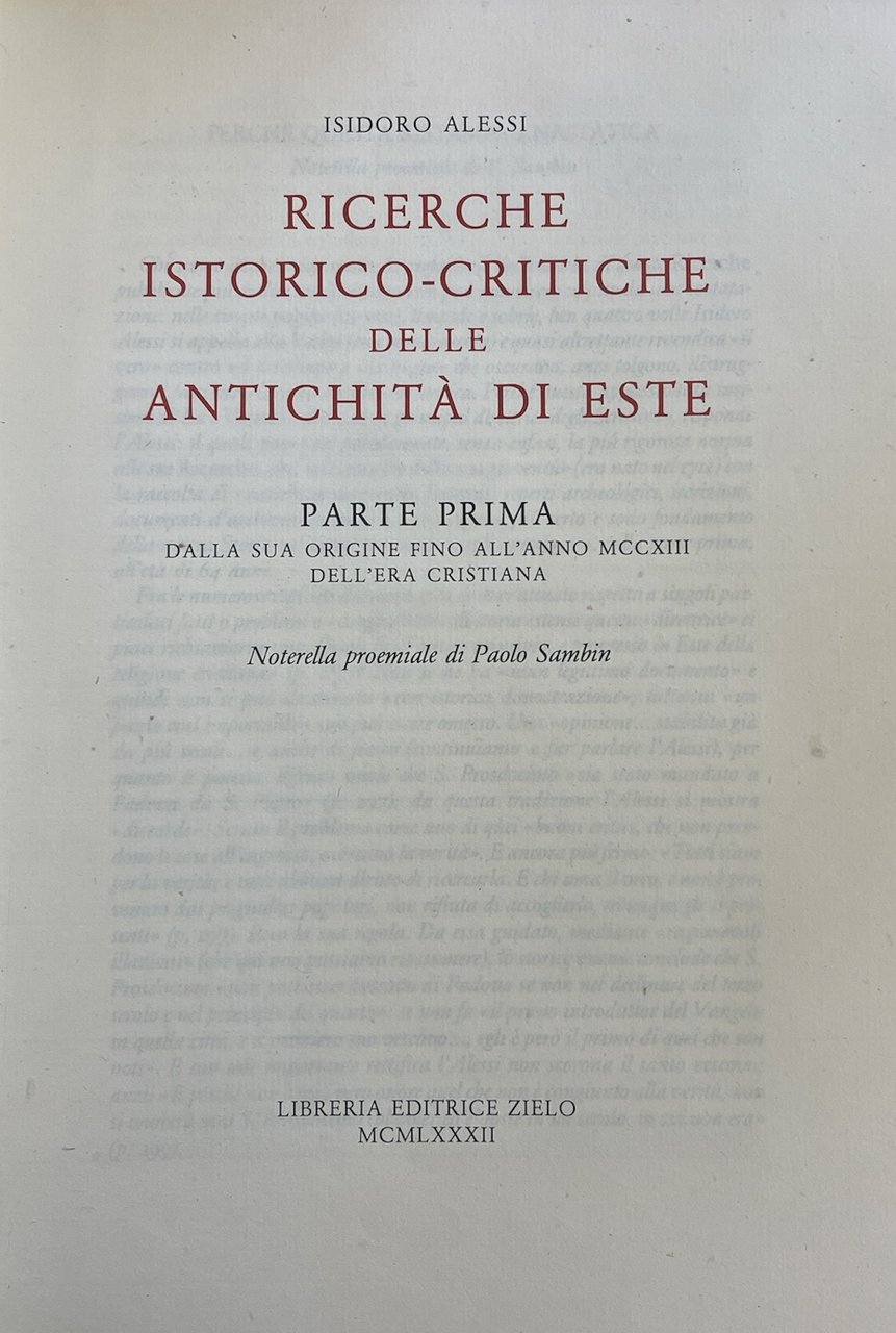 RICERCHE ISTORICO-CRITICHE DELLE ANTICHITÀ DI ESTE