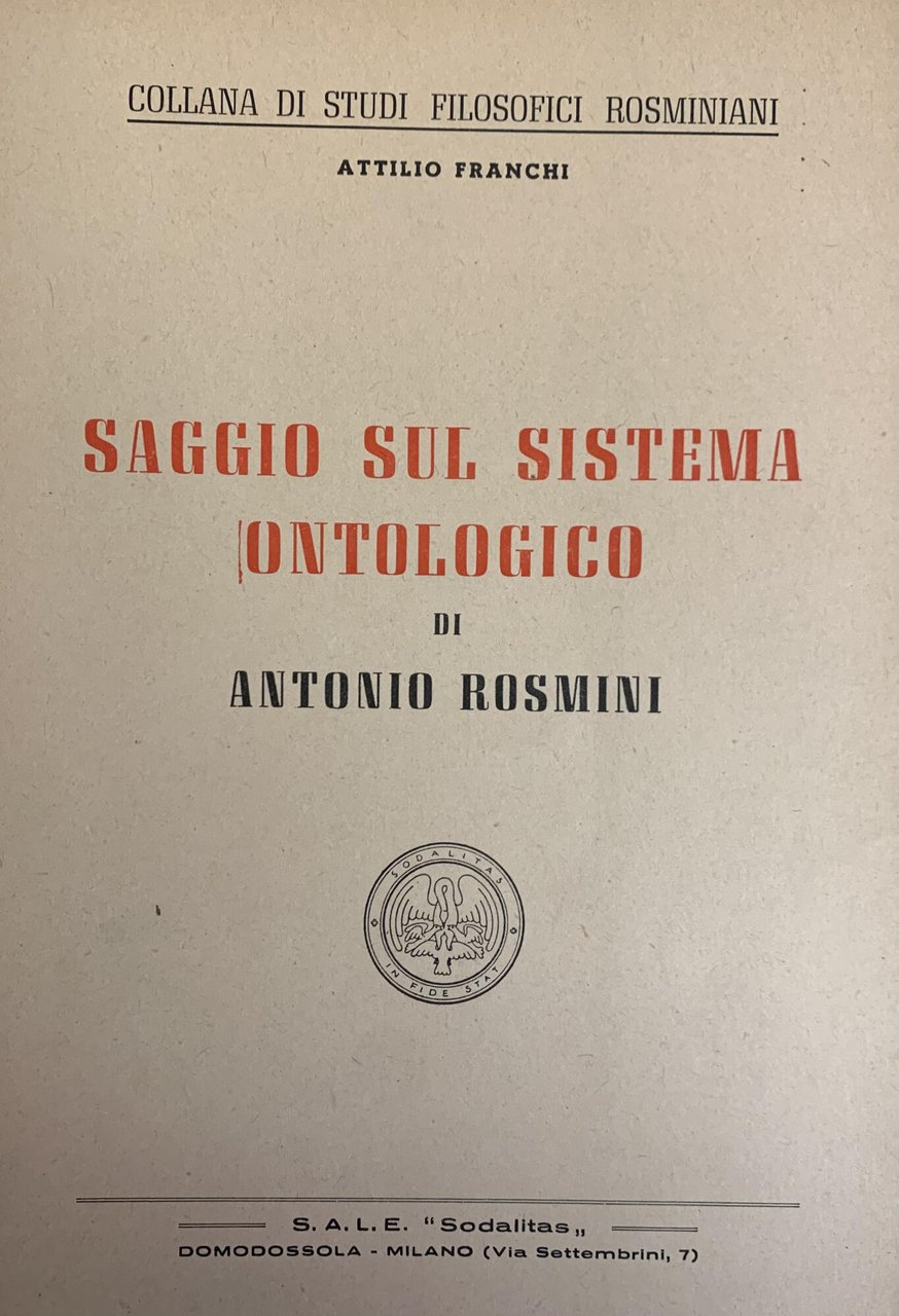 SAGGIO SUL SISTEMA ONTOLOGICO DI ANTONIO ROSMINI