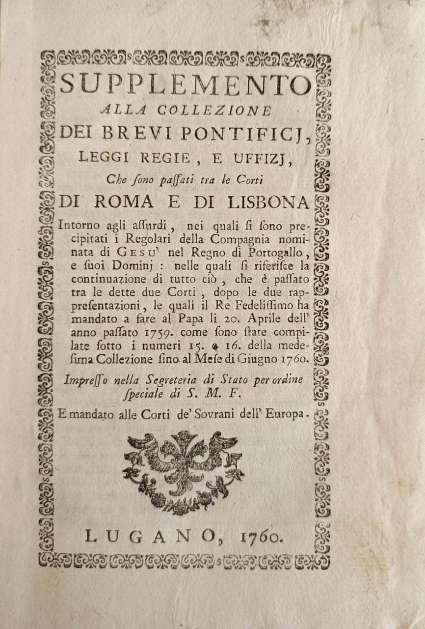 SUPPLEMENTO ALLA COLLEZIONE DEI BREVI PONTIFICJ, LEGGI REGIE, E UFFIZJ, …