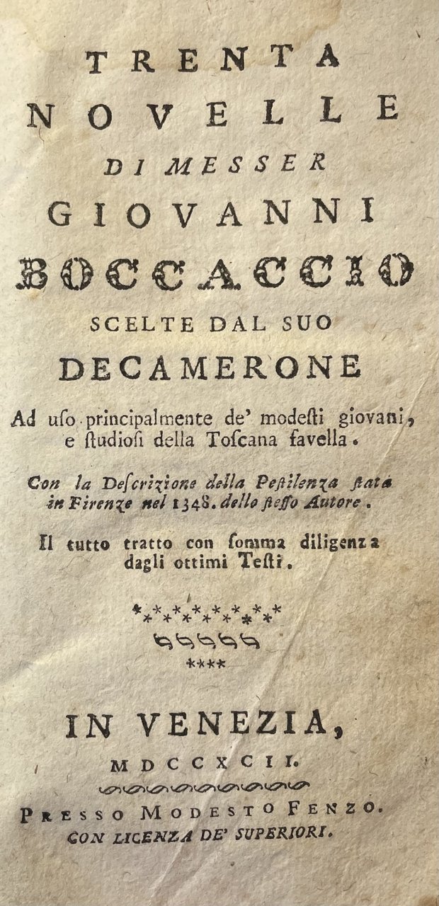 TRENTA NOVELLE DI MESSER GIOVANNI BOCCACCIO SCELTE DAL SUO DECAMERONE