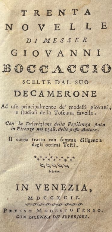 TRENTA NOVELLE DI MESSER GIOVANNI BOCCACCIO SCELTE DAL SUO DECAMERONE
