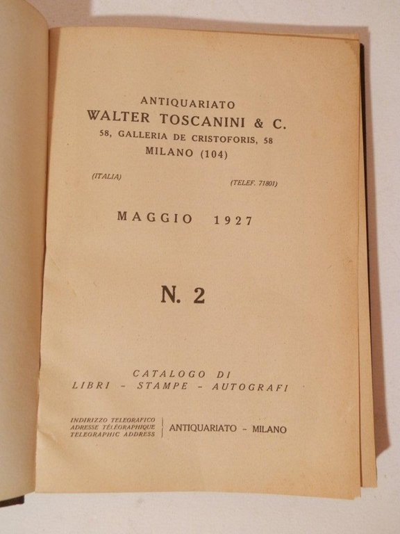 Antiquariato Walter Toscanini &amp; C. Milano. Maggio 1927, n. 2. …