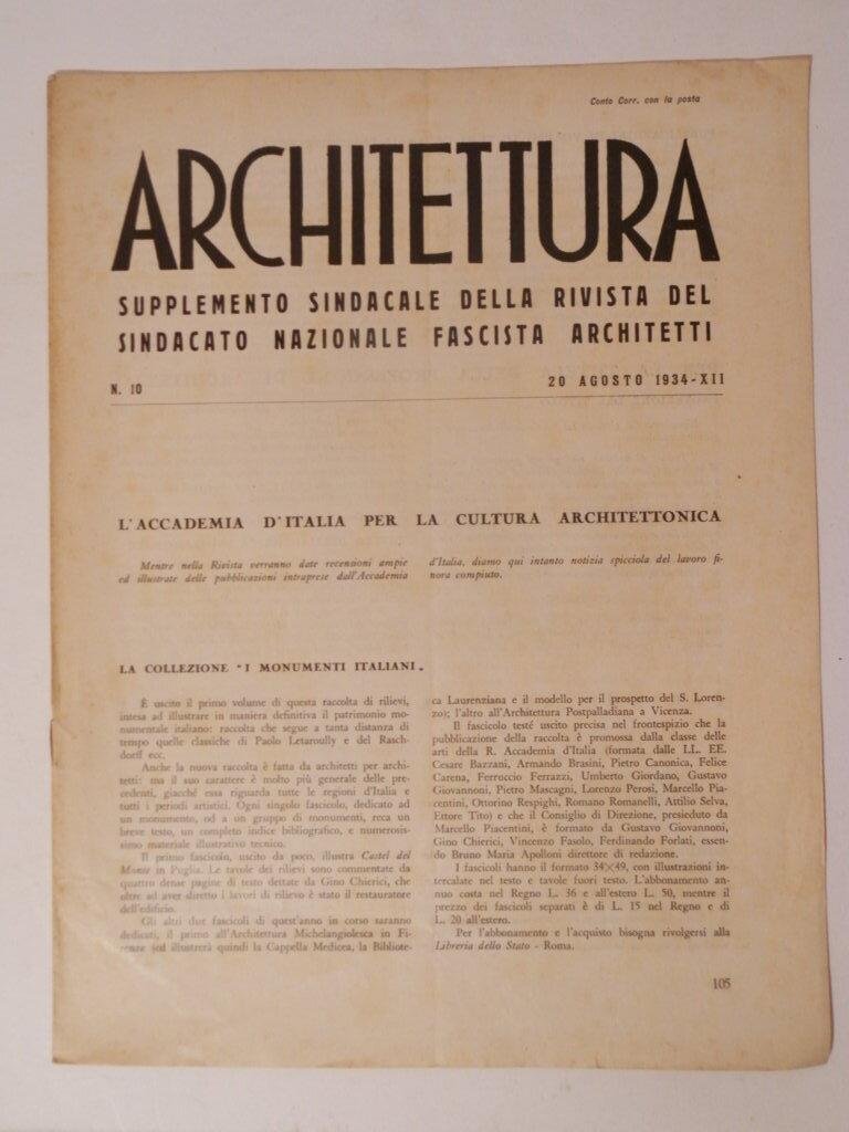 Architettura. Supplemento sindacale della rivista del sindacato nazionale fascista architetti …