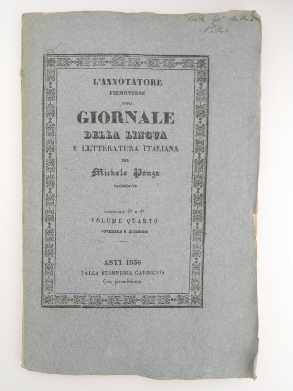 L' annotatore piemontese ossia giornale della lingua e letteratura italiana …