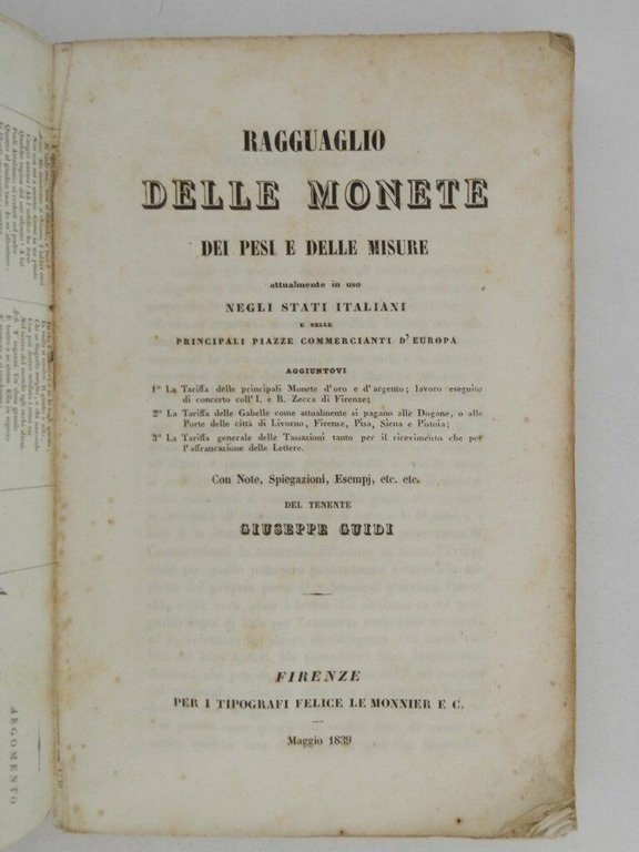 Ragguaglio delle monete dei pesi e delle misure attualmente in …