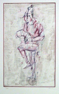 Balance-Akt auf dem Rad. Farbige Grano-Lithographie.