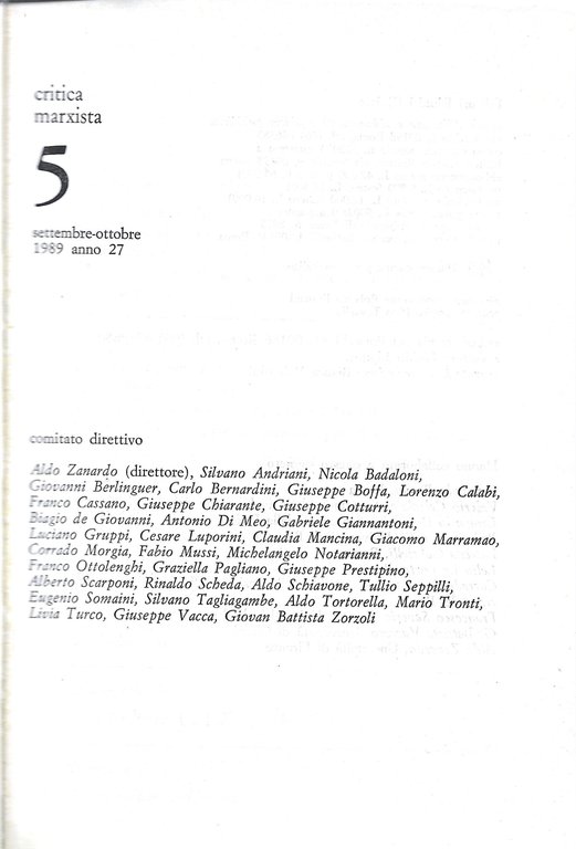 critica marxista - rivista bimestrale n. 5 settembre, ottobre 1989 …
