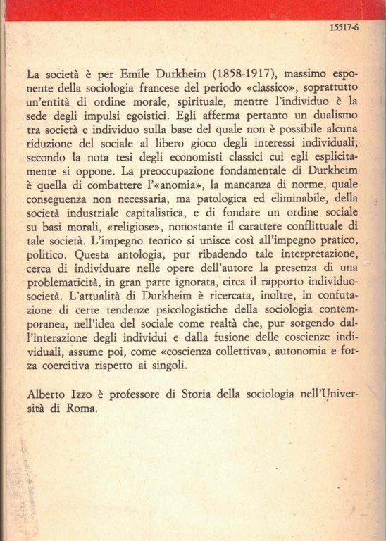 DURKHEIM ANTOLOGIA DI SCRITTI SOCIOLOGICI DI A.IZZO IL MULINO SOCIOLOGIA