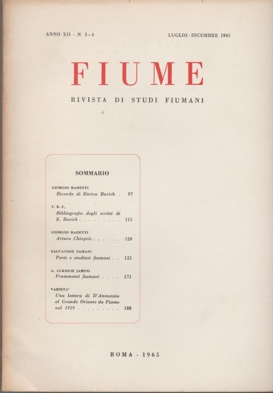 FIUME Rivista di studi fioumani Anno XII n.1-2-3-4 1965
