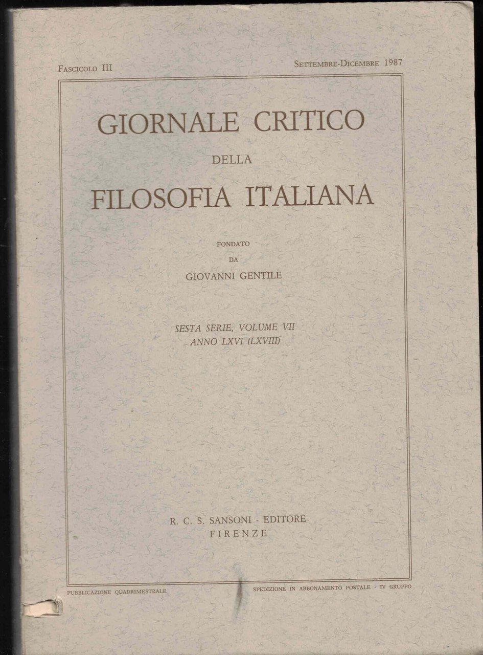 Giornale critico della filosofia italiana-Fascicolo III Settembre-Dicembre 1987-Volume VII