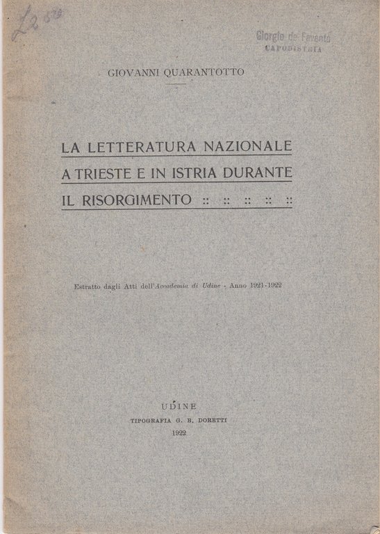 La letteratura nazionale a Trieste e in Istria durante il risorgimento