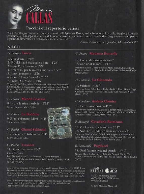 Maria Callas-Puccini e il repertorio verista+CD audio