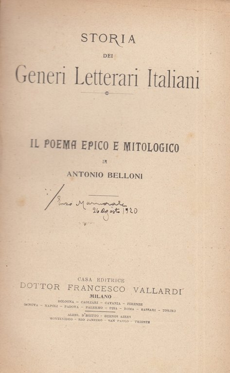 Storia dei generi letterari italiani. Il poema epico e mitologico.