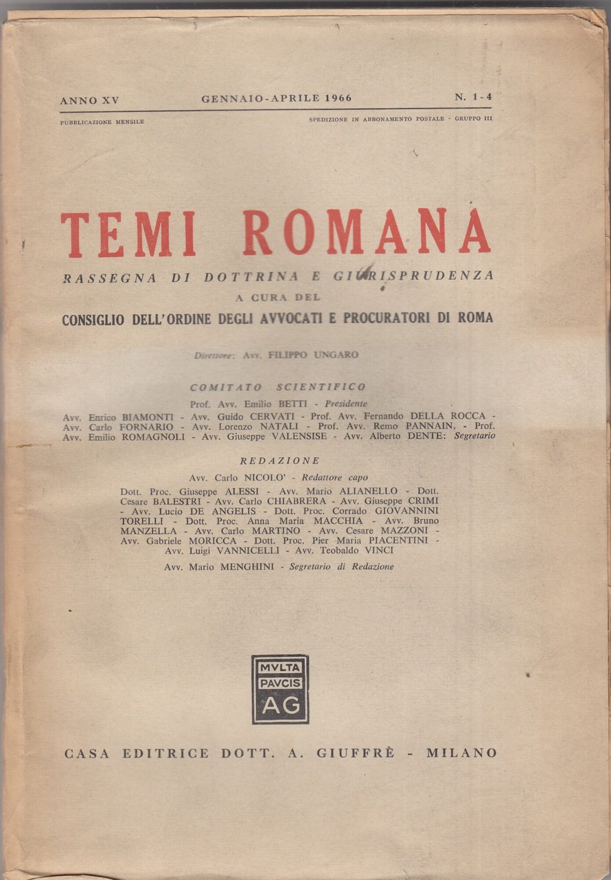 Temi Romana. Rassegna di dottrina e giurisprudenza. 1966. Annata completa. | Immagine principale