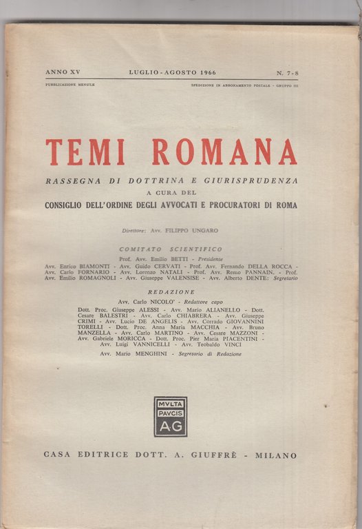 Temi Romana. Rassegna di dottrina e giurisprudenza. 1966. Annata completa. | Immagine Gallery 3