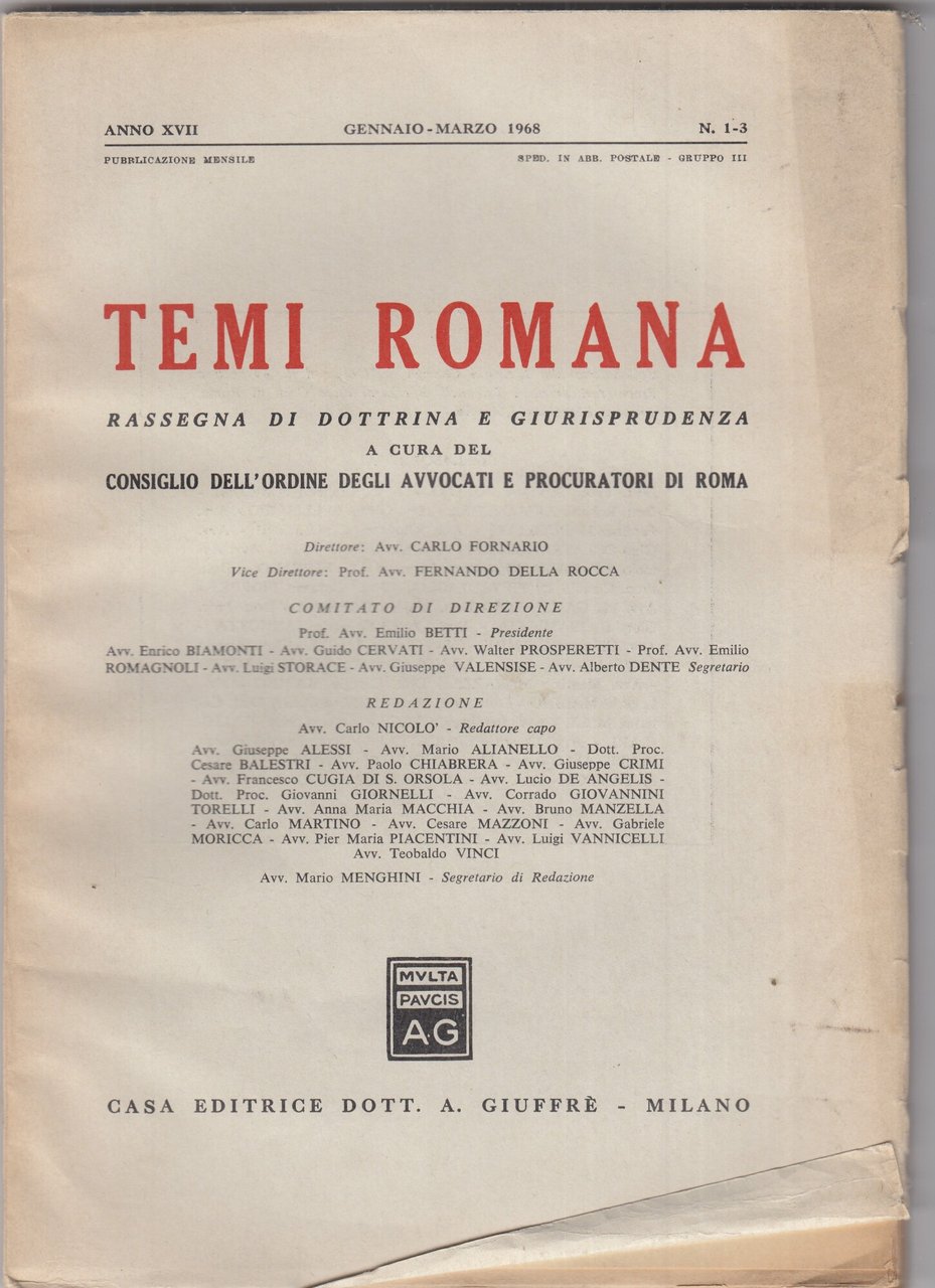 Temi Romana. Rassegna di dottrina e giurisprudenza. 1968. Annata completa.