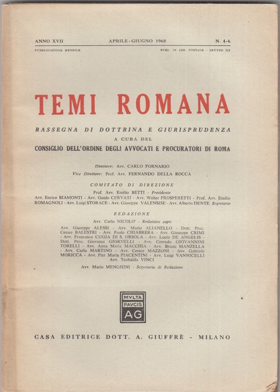 Temi Romana. Rassegna di dottrina e giurisprudenza. 1968. Annata completa.