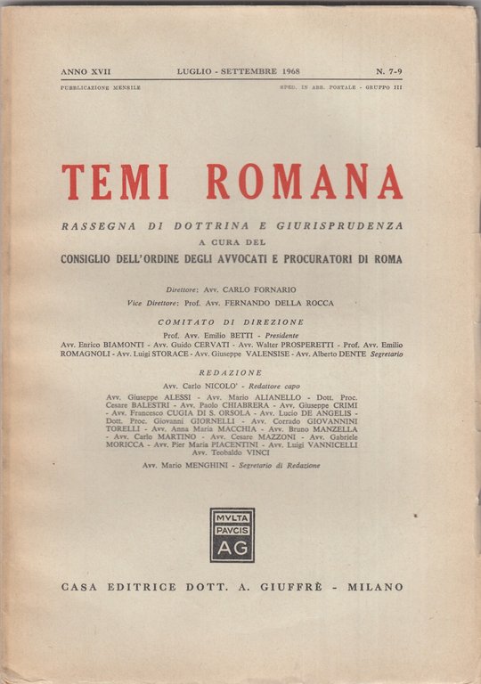 Temi Romana. Rassegna di dottrina e giurisprudenza. 1968. Annata completa.
