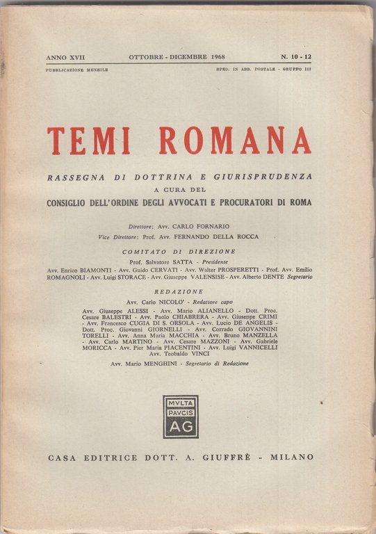 Temi Romana. Rassegna di dottrina e giurisprudenza. 1968. Annata completa.
