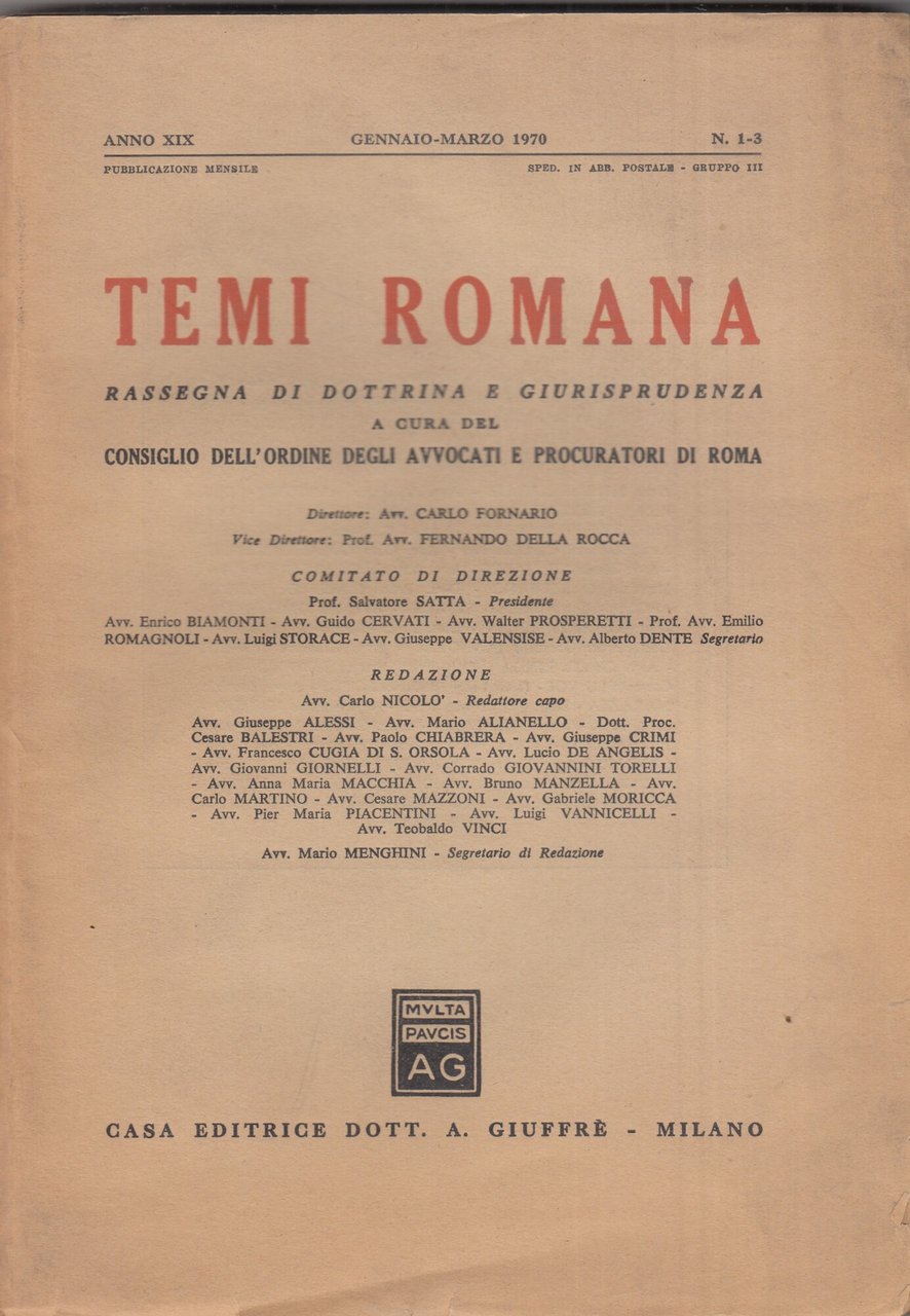 Temi Romana. Rassegna di dottrina e giurisprudenza. 1970. Annata completa. | Immagine principale
