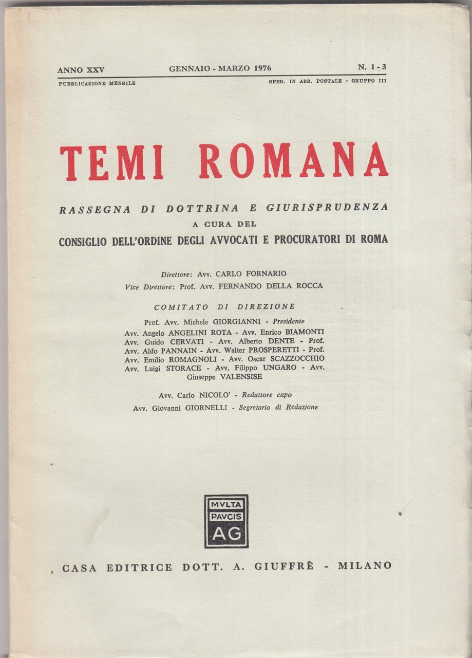 Temi Romana. Rassegna di dottrina e giurisprudenza. 1976, Annata completa. | Immagine principale