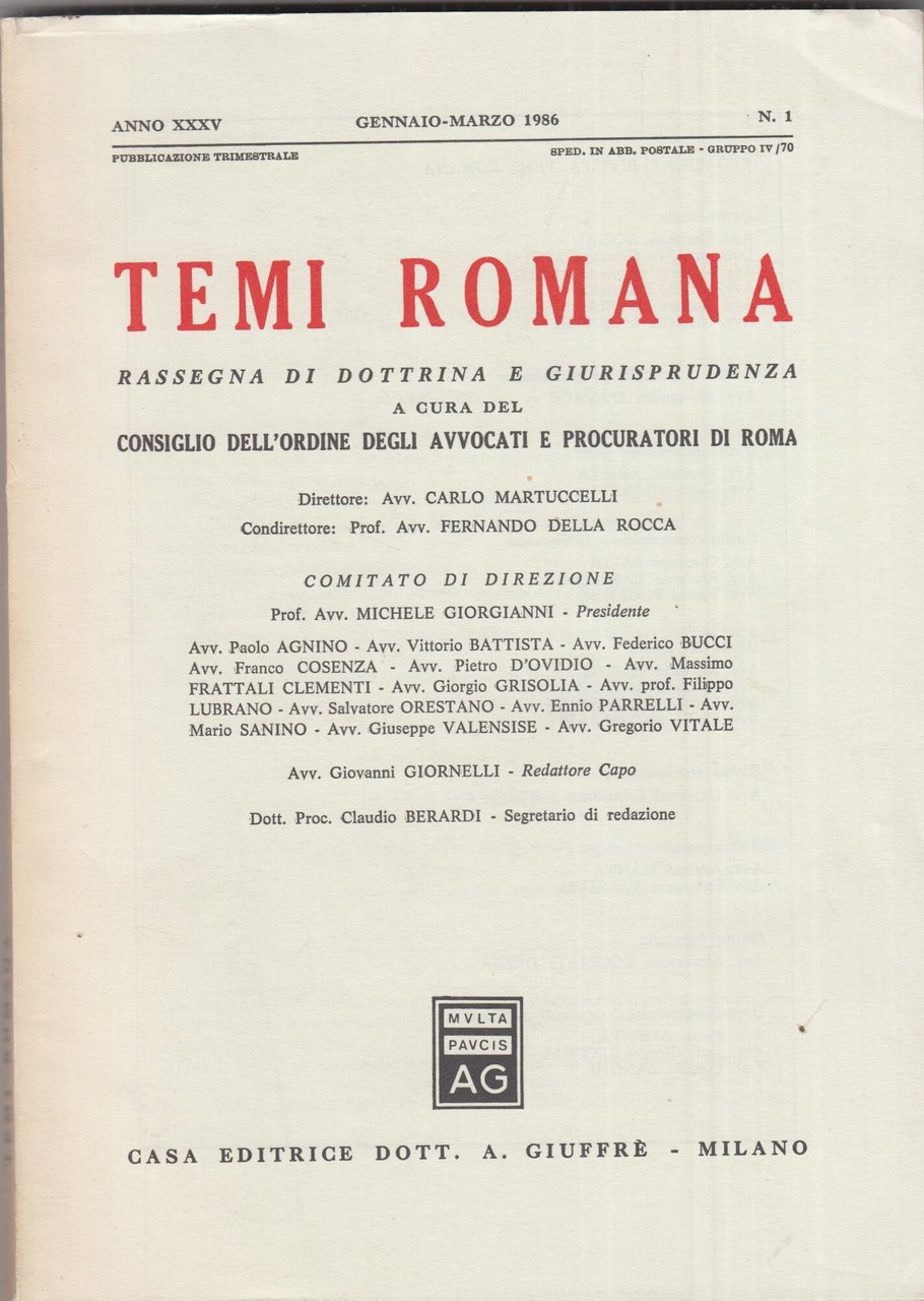 Temi Romana. Rassegna di dottrina e giurisprudenza. 1986. Annata completa