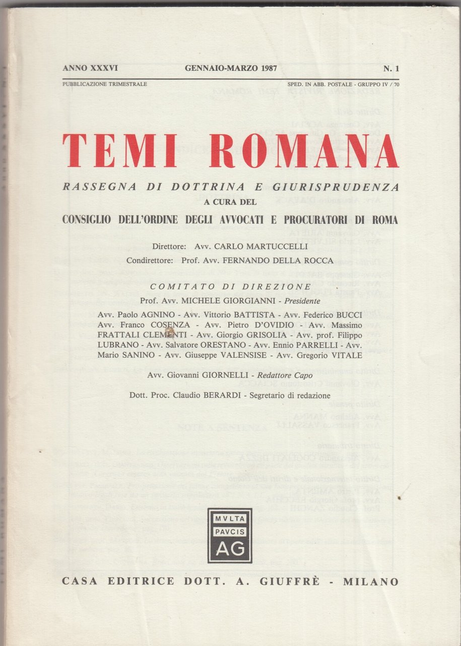 Temi Romana. Rassegna di dottrina e giurisprudenza. 1987. Annata completa. | Immagine principale