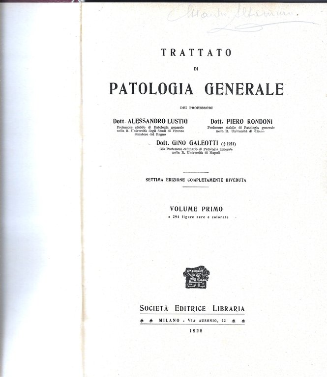 TRATTATO DI PATOLOGIA GENERALE VOL. I