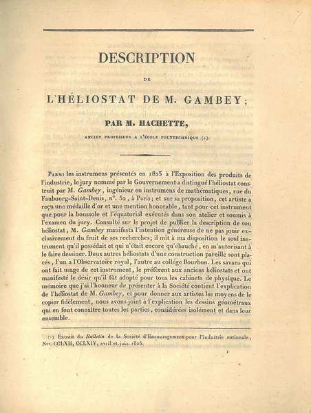 Description de l'héliostat de M. Gambey