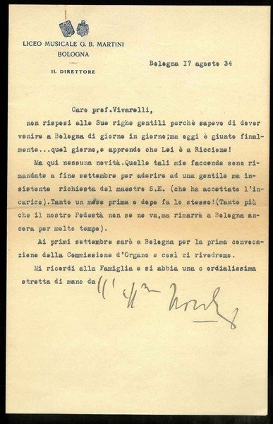 Lettera dattiloscritta al Prof. Vivarelli datata 17 agosto 34