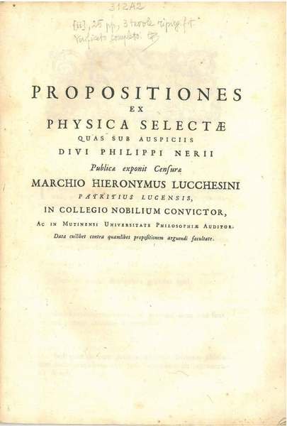 Propositiones ex physica selectae quas sub auspiciis divi Philippi Nerii …