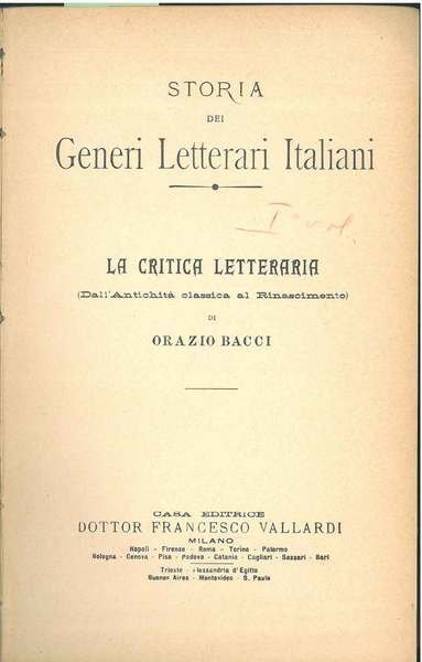 Storia dei generi letterari. La critica letteraria. Vol. I: Dall'antichità …