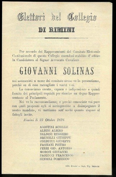 Elettori del Collegio di Rimini. "essendosi stabilito d'offrire la Candidatura …