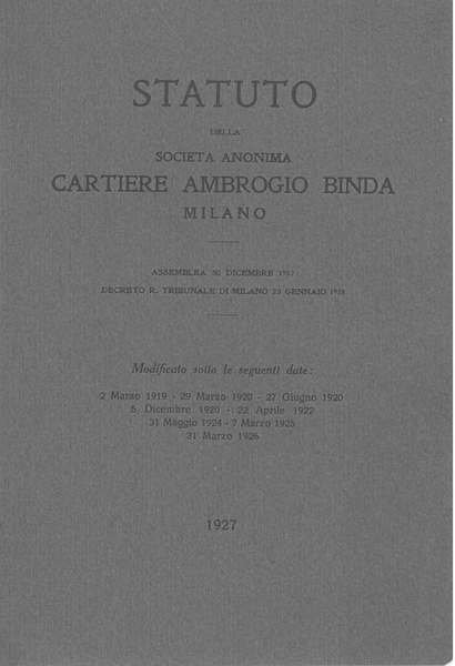 Statuto della società anonima cartiere Ambrogio Binda