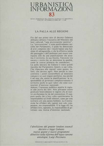 Urbanistica informazioni. Rivista bimestrale dell'Istituto Nazionale di Urbanistica. n. 83, 1985