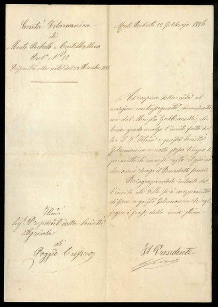 Lettera del Presidente della Società Filarmonica di Monte Roberto e …