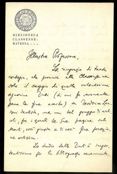 Lettera su carta intestata con logo Biblioteca Classense Ravenna "Illustre …