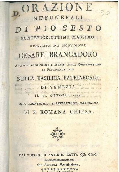 Orazione nè funerali di Pio Sesto . nella basilica patriarcale …