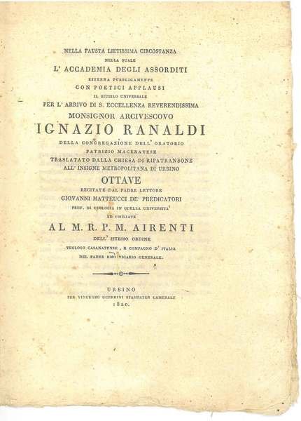 Nella fausta lietissima circostanza nella quale l'Accademia degli Assorditi esterna …