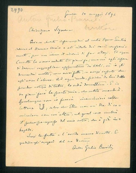 Chiarissimo Signore. Genova 10 maggio 1892
