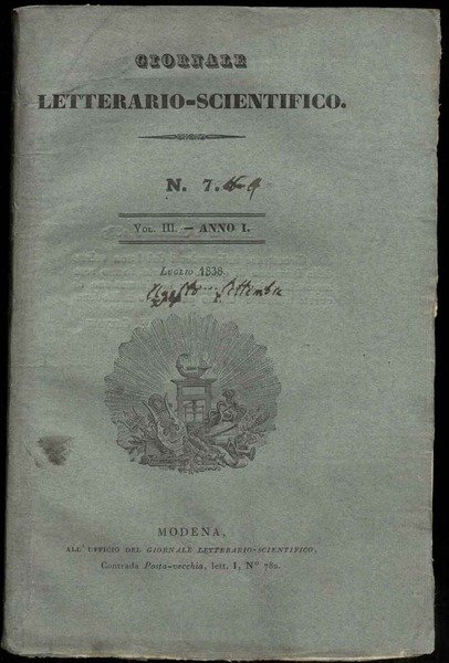 Giornale Letterario-Scientifico n° 7. Vol. III - Anno I. Luglio-Settembre …