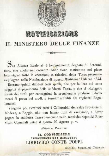 Notificazione. Il Ministero delle Finanze. (Notificazione relativa all'esenzioni e riduzioni …