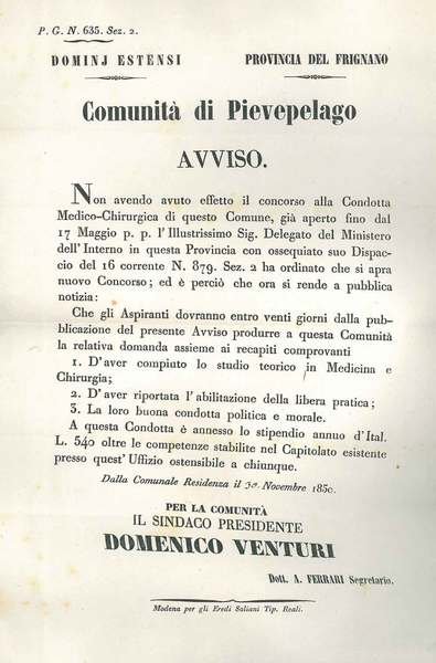 Comunità di Pievepelago. Avviso relativo alla copertura della condotta medico-chirurgica …