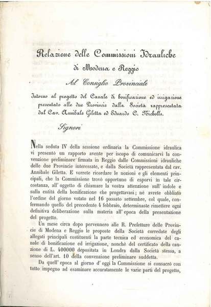 Relazione delle commissioni idrauliche di Modena e Reggio al consiglio provinciale intorno al progetto del canale di bonificazione ed irrigazione