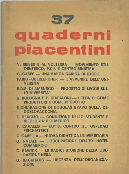Quaderni piacentini. Anno viii, n. 37, marzo 1969