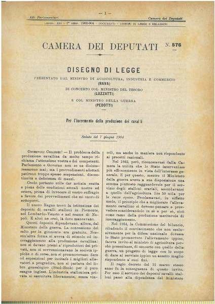 Disegno di legge Per l'incremento della produzione dei cavalli. Seduta …