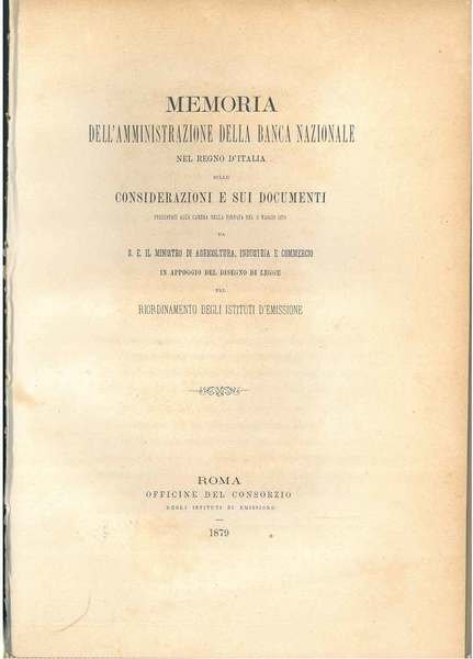 Memoria dell'amministrazione della Banca Nazionale nel Regno d'Italia sulle considerazioni …