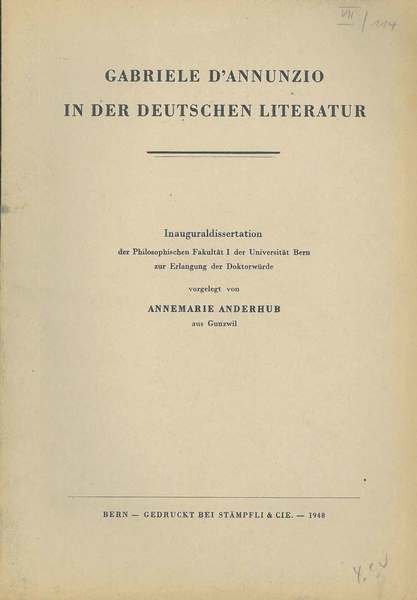 Gabriele d'Annunzio in der deutschen Literatur. Inaugural dissertation der Philosophischen …