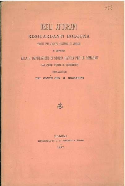 Degli apografi risguardanti Bologna tratti dall'archivio centrale di Venezia